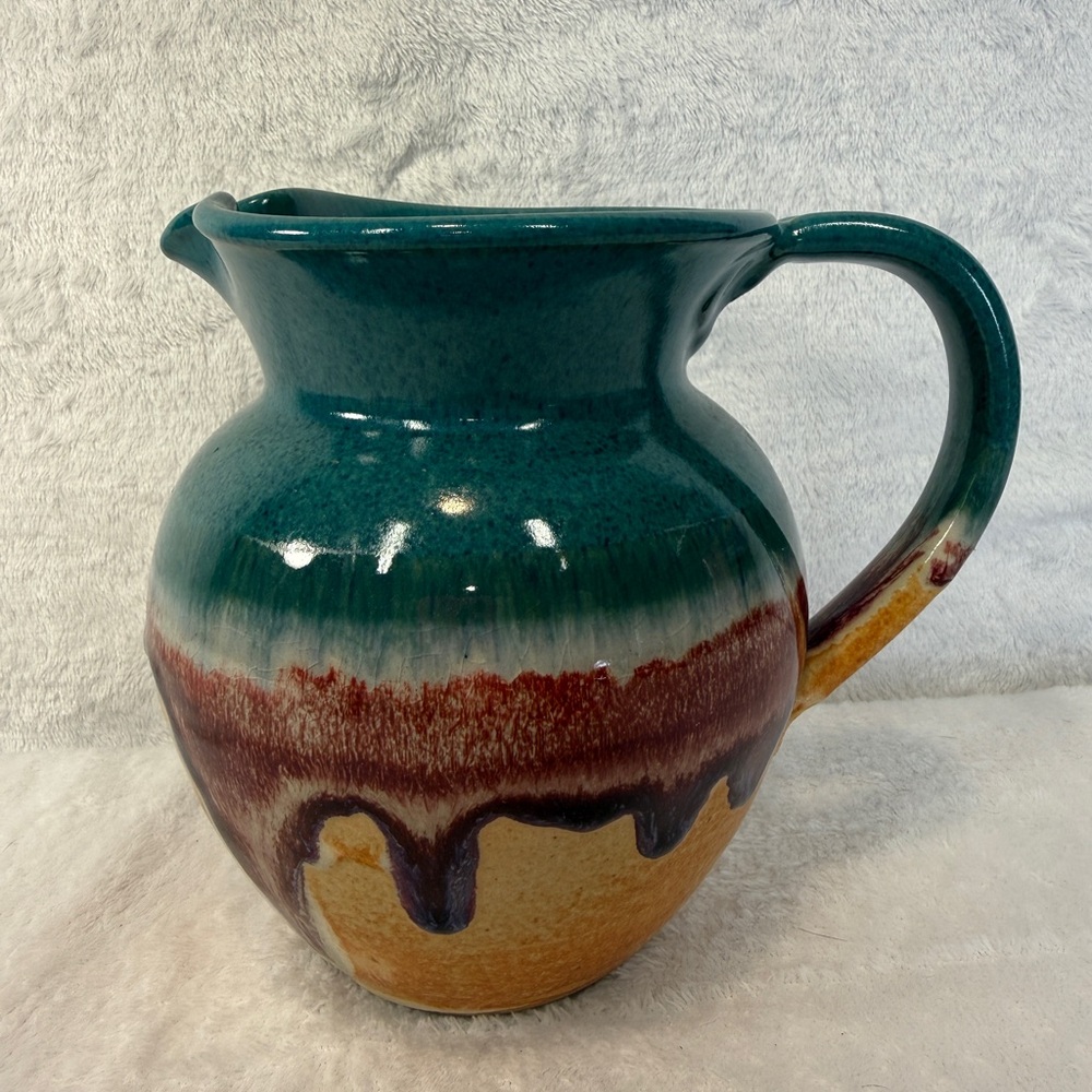 Handcrafted Multicolor Artist Signed Drip Ceramic Pitcher Studio Pottery
